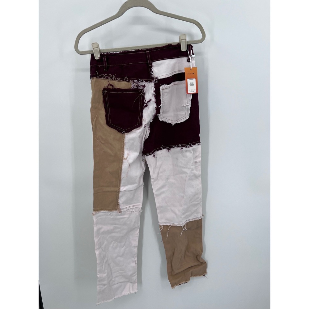Patchwork Colorblock Jeans Burgundy Tan White Frayed Hem Size M NWT - Picture 6 of 9